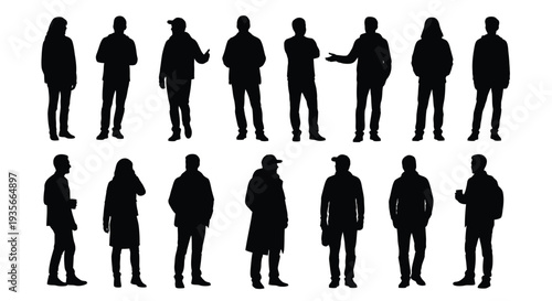 Collection of black silhouette vector illustrations depicting diverse standing people in casual modern clothing