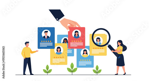 Graphic illustration showcasing recruitment and hiring process with diverse candidate selection by HR team.