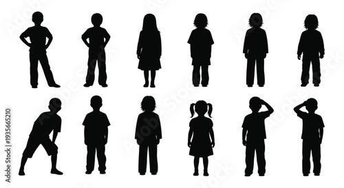 Collection of diverse black silhouette vector illustrations depicting children in various poses and styles