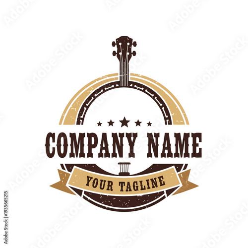 Vintage Banjo Music Company Logo with Customizable Text and Stars.