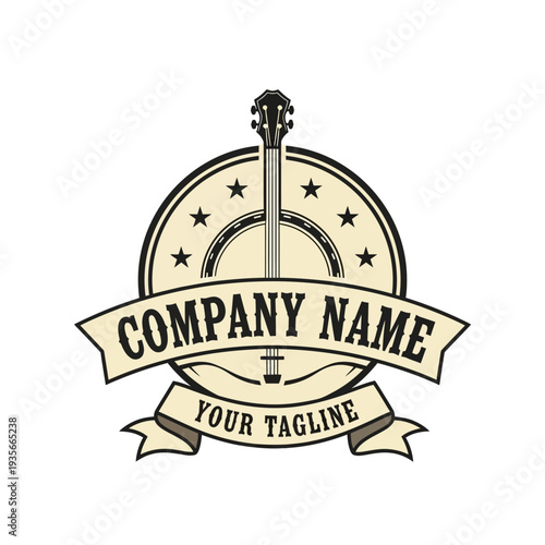 Vintage Banjo Music Company Logo with Stars and Banner Design.