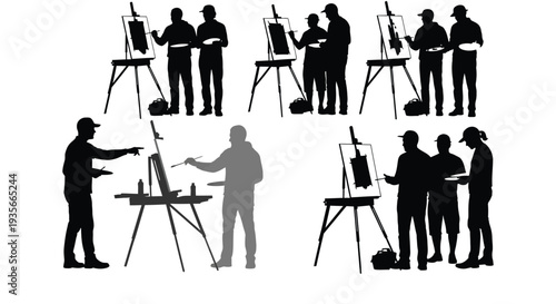 Collection of black silhouettes depicting artists painting outdoors on easels in various group compositions