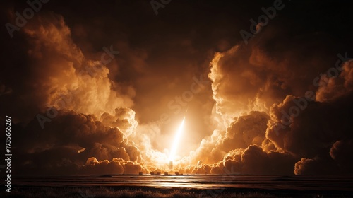 Wide cinematic shot of a missile launching from a ground base at night, massive fire and smoke plume, bright ignition flame lighting the sky, dramatic clouds