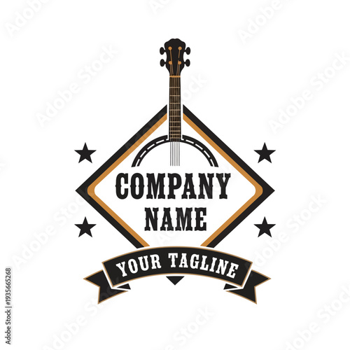 Vintage Banjo Music Company Logo with Stars and Banner Design.
