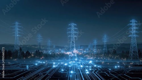 Futuristic energy grid with glowing circuits and power towers