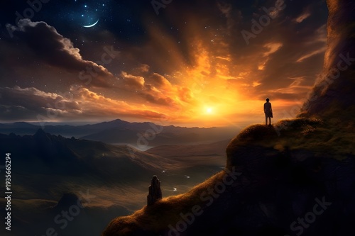 Silhouette on Cliff at Twilight with Sunset and Emerging Stars