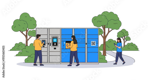 People using smart package lockers for parcel pickup and drop-off outdoors