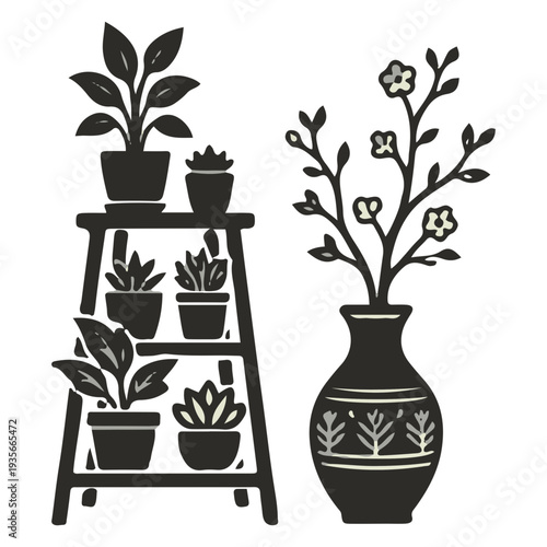 A simple set of potted plants including a bonsai tree and decorative houseplants