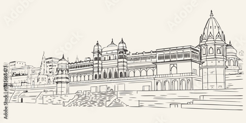 Detailed sketch of a majestic indian palace with surrounding cityscape