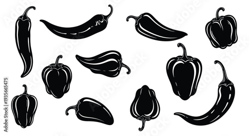 Collection of various spicy chili and bell pepper silhouettes in bold black vector graphic style