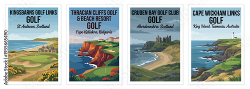 Vintage golf poster set. Including kingsbarns scotland, thracian cliffs bulgaria, cruden bay, and cape wickham australia. Retro vector illustration.