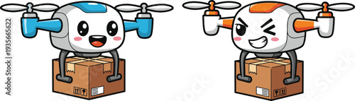 Cute cartoon delivery drone characters carrying packages with expressive faces, aerial shipping concept illustration isolated on white background for logistics branding
