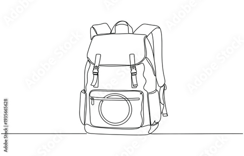 Minimalist line art illustration of backpack with front pocket and handle.
