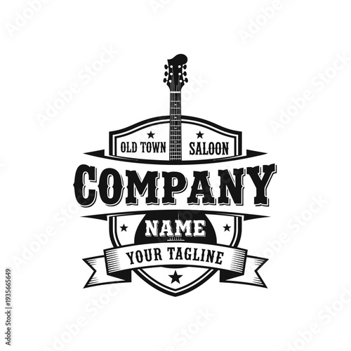 Vintage guitar music company logo design with text banners and shield emblem.