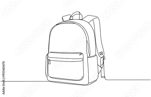 Minimalist line art illustration of backpack with front pocket and handle.