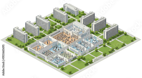 Isometric cutaway view of a modern office building complex with surrounding residential apartments.
