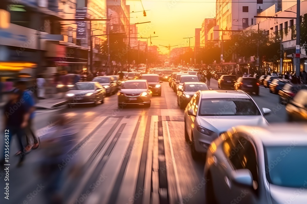 Fototapeta premium Crowded City Street with Motion Blur People and Traffic at Sunset