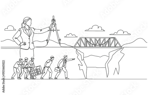 one line Drawing of  woman manager draw bridge help team cross cliff concept of leadership.