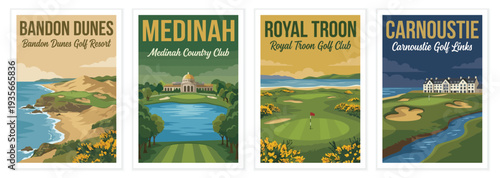 Vintage golf poster set. Including bandon dunes oregon, medinah country club illinois, royal troon scotland, and carnoustie links. Retro vector illustration.
