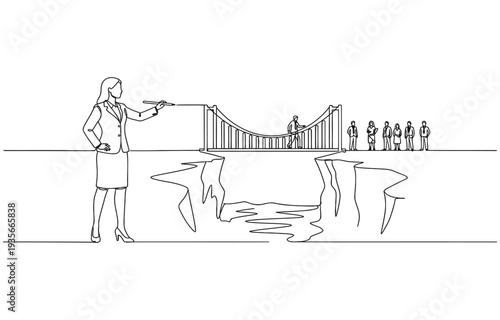 one line Drawing of  woman manager draw bridge help team cross cliff concept of leadership.
