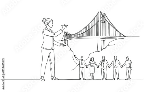 one line Drawing of  woman manager draw bridge help team cross cliff concept of leadership.
