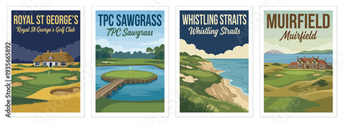 Vintage golf poster set. Including royal st georges england, tpc sawgrass florida, whistling straits wisconsin, and muirfield scotland. Retro vector illustration.