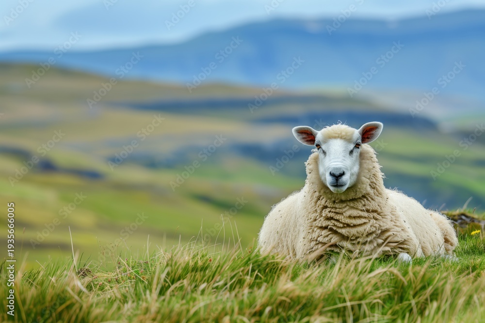 Fototapeta premium Soft wooly sheep resting peacefully on a lush green hillside under a bright blue sky