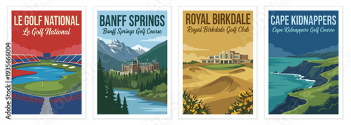 Vintage golf poster set. Including le golf national france, banff springs canada, royal birkdale england, and cape kidnappers. Retro vector illustration.