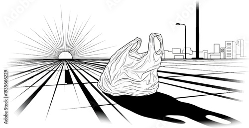 A crumpled plastic bag casts a shadow against a surreal sunrise over a city skyline