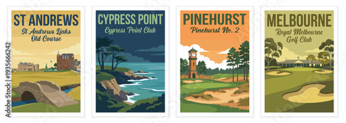 Vintage golf poster set. Including st andrews links old course scotland, cypress point club california, pinehurst, and royal melbourne australia.