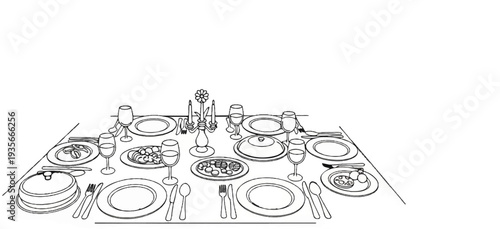 A formal dining table is set with plates, wine glasses, cutlery, and covered dishes