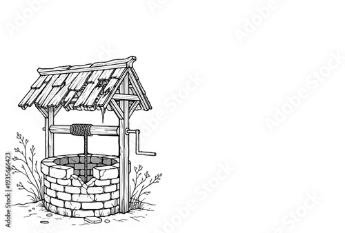 An old stone well with a wooden roof and crank, surrounded by greenery