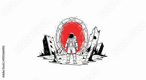 Astronaut stands before a red portal and ruined structures