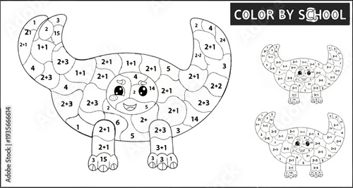 Black and white outline of a cartoon creature with math problems inside numbered sections