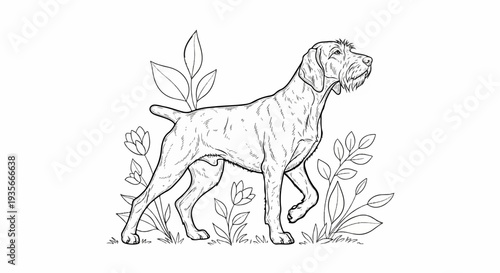 Black and white sketch of a scruffy hunting dog standing among foliage