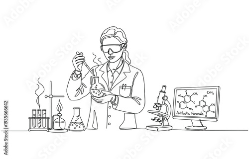 Continuous one line drawing of female scientist researching antibiotic formula using microscope, Vector.