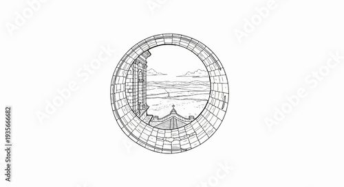 Circular stone arch frames a distant pastoral landscape with a building and cross