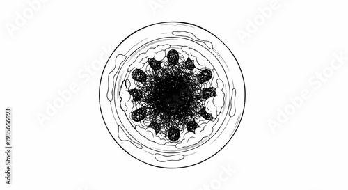 Circular black ink drawing of abstract floral pattern with swirling center