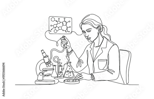 Continuous one line drawing of female scientist researching antibiotic formula using microscope, Vector.