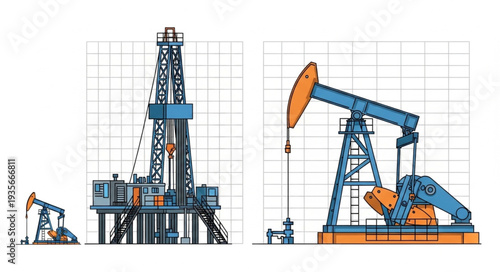 Oil drilling rig and pumpjack industrial equipment illustration.