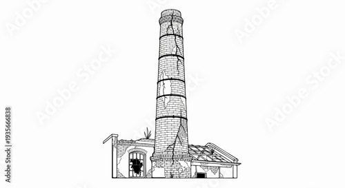 Sketch of a crumbling brick chimney and factory ruins