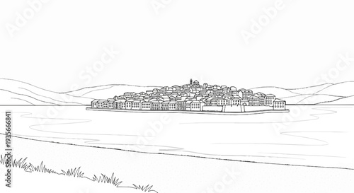 A black and white sketch of a historic town nestled on an island in the sea