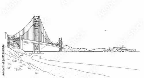 A black and white illustration of a famous suspension bridge, a distant island prison, and a rocky shore