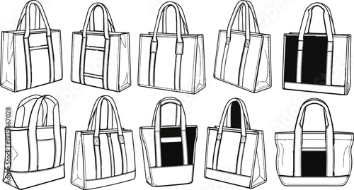 Collection of black and white drawings of various tote bags