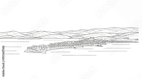 A sketch of a coastal town nestled between rolling hills and a body of water