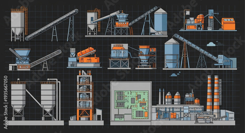Industrial plant schematic diagram with machinery and structures.
