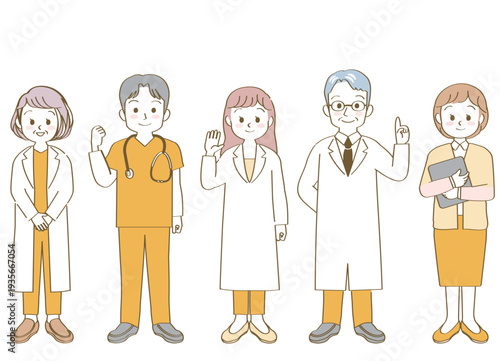 福祉、医療従事者の人物のベクターイラスト素材／医者／薬剤師／看護師／整体／全身／主線あり／暖色