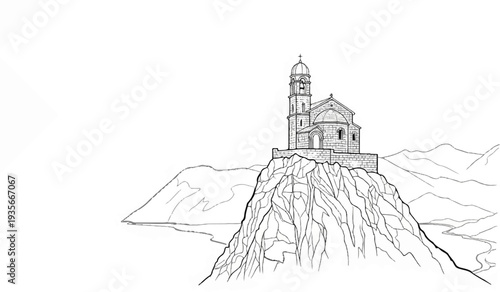 A sketched church with a dome and bell tower stands atop a rugged cliff overlooking water and distant hills