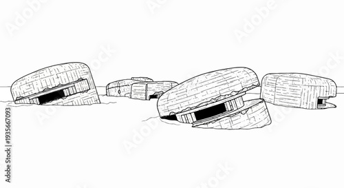 Stark, weathered concrete bunkers dot a desolate, sandy landscape under a clear sky