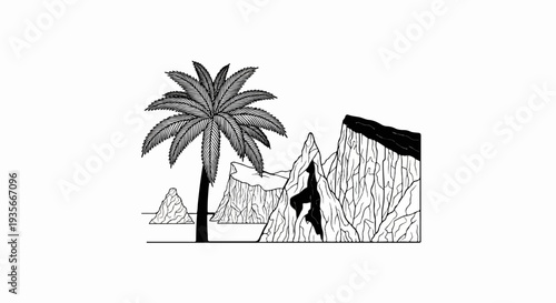 A stark, hand-drawn illustration of a solitary palm tree against rugged, craggy mountains